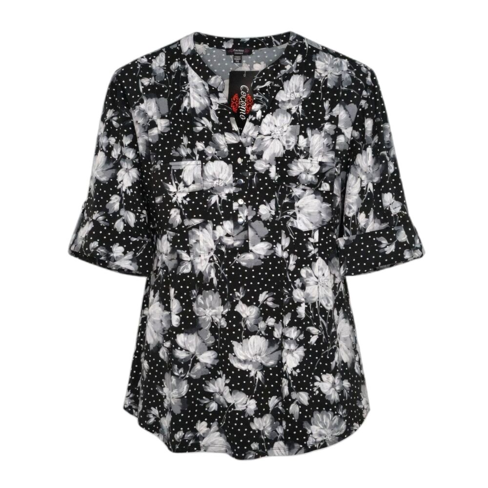 Cocomo Women's Plus Size 3X Black & White Floral Print Pintuck Short Sleeve Top